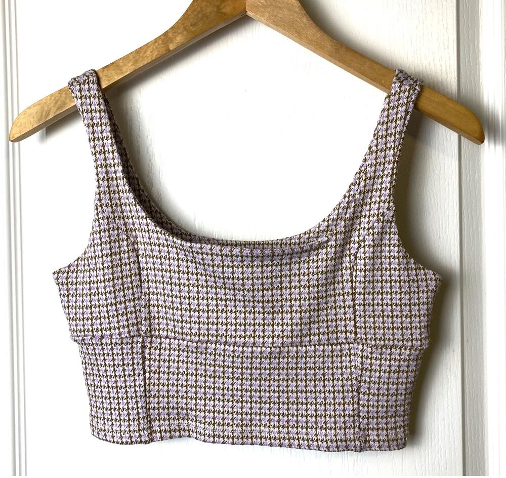 Altar’d State Purple and Brown Houndstooth Fitted Crop Top Women's Size X-Small